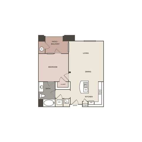 Floor plan for 1 bed, 1 bath, 775 sqft